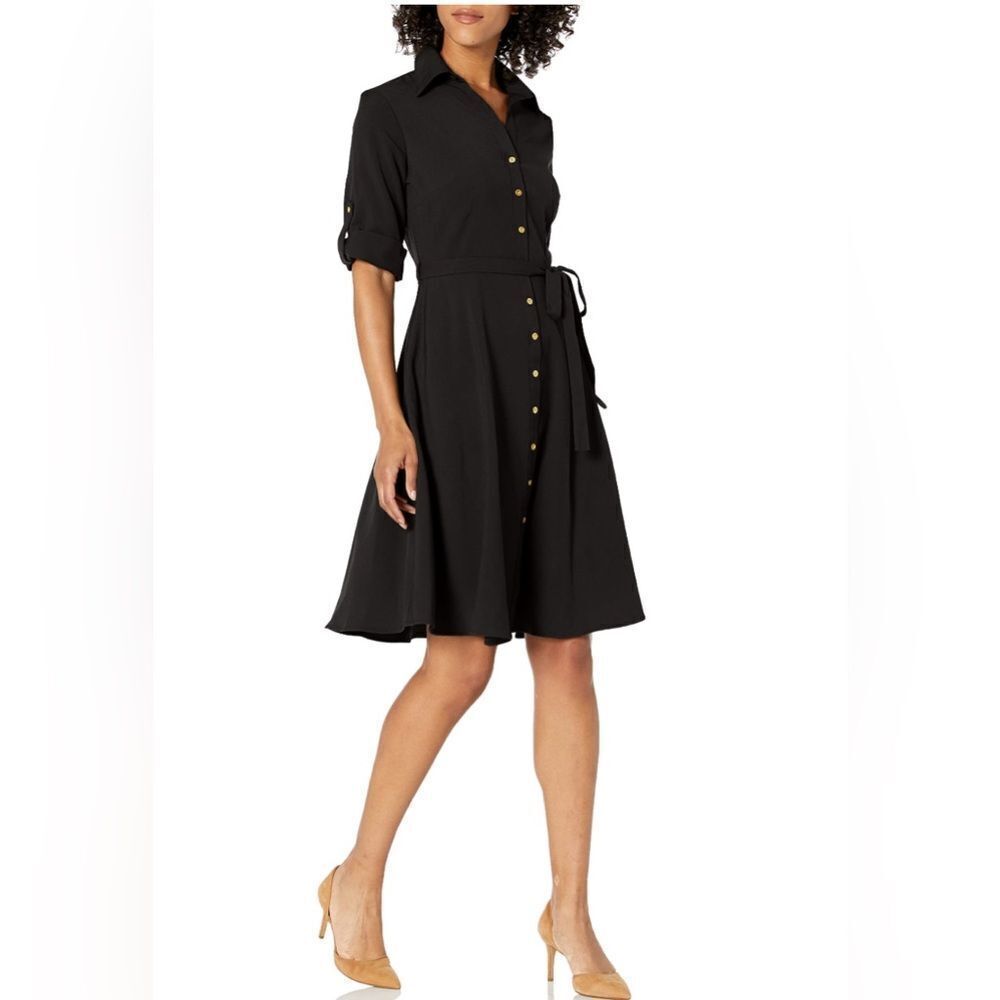 Sharagano Black Tie Front Midi Dress with Gold Buttons